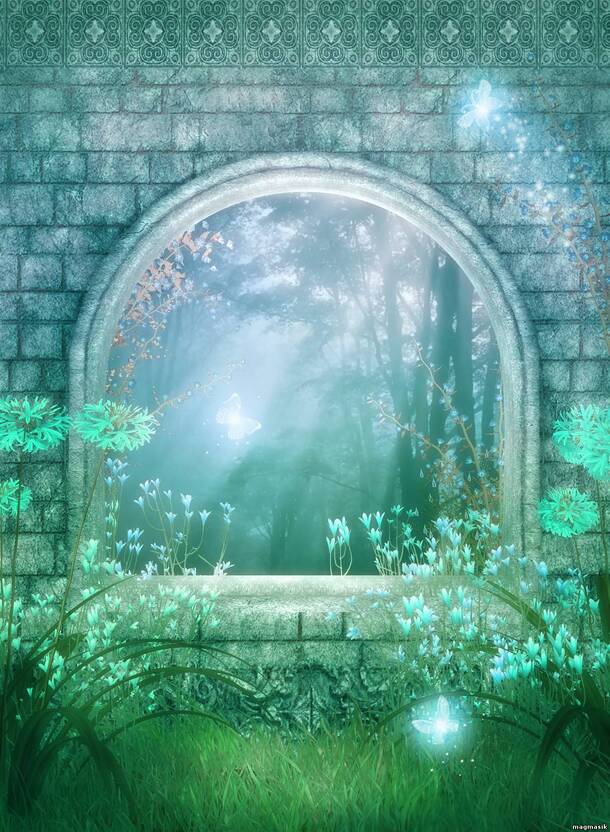 绿色梦幻砖石窗户海报背景，高清PNG透明图片，卡通手绘设计素材下载