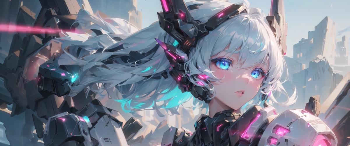 长发蓝眸机甲少女，4K高清带鱼屏壁纸，3440x1440动漫美图下载