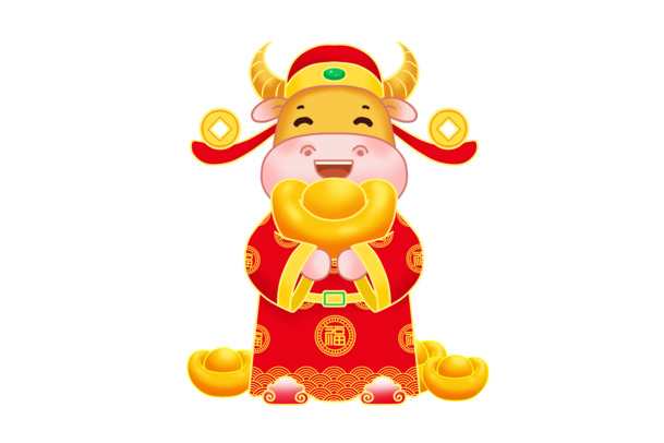 卡通小牛财神爷PNG透明图，元旦春节元宵节日素材，高清PSD下载