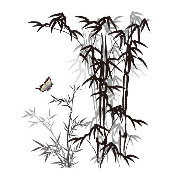 水墨竹子与蝴蝶PNG素材，高清透明图片，装饰元素与笔触设计，免费下载
