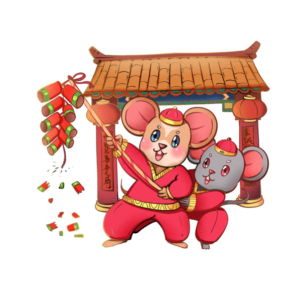 手绘鼠年老鼠拜年放鞭炮PNG透明图，节日元素设计素材下载