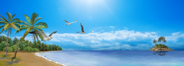 蓝色海水夏威夷海滩手绘PNG素材，高清透明背景banner海报设计下载
