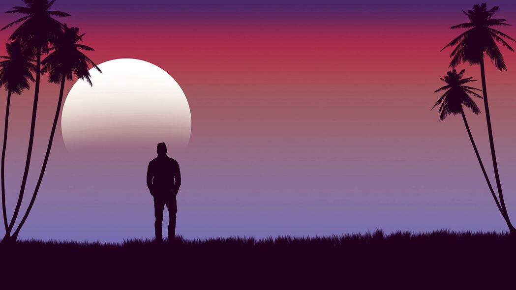 孤独月夜，棕榈映衬下的4K高清壁纸，3840x2160超清下载
