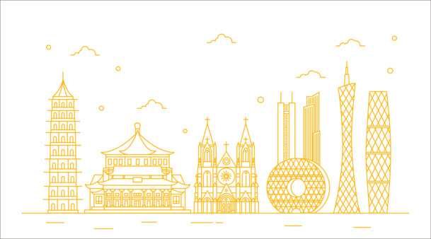 广州特色建筑线条图，高清PNG透明素材，墨迹笔触设计，免费下载
