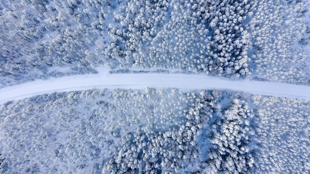 道路穿越森林雪景鸟瞰，高清4K壁纸（3840x2160）下载，冬季风光精选