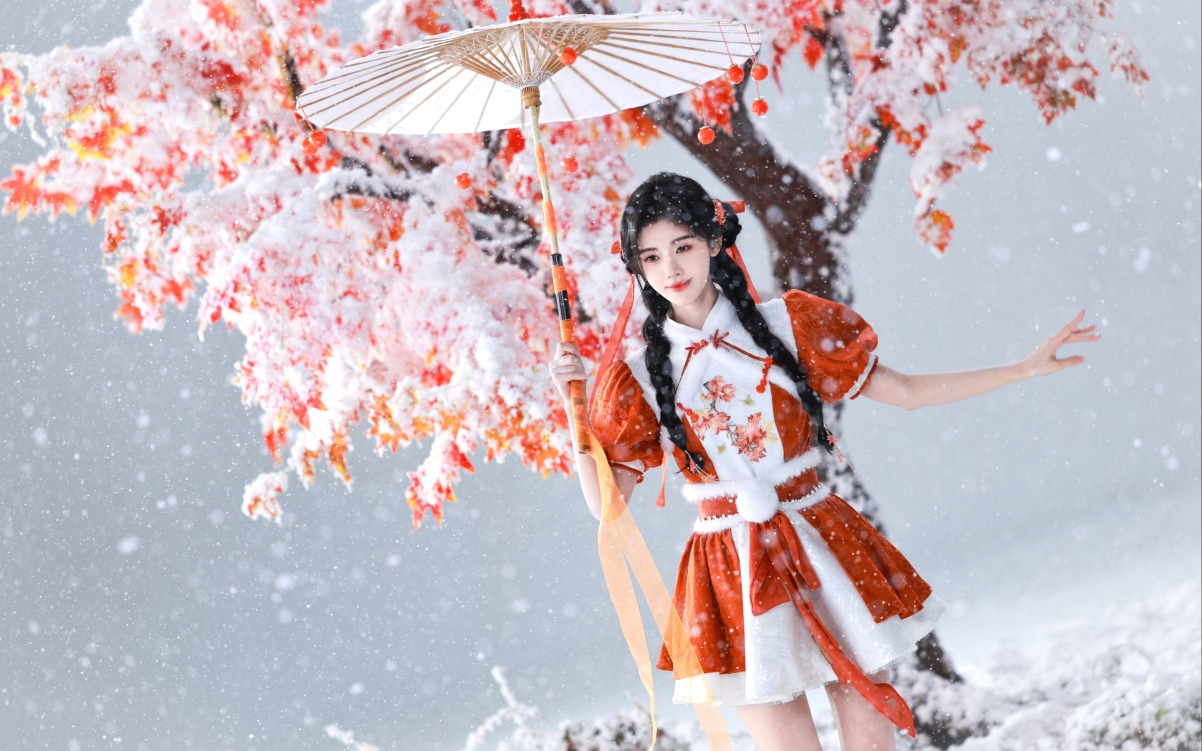 飘雪油伞下的古装美女鞠婧祎，惊艳4K壁纸，高清3840x2400任你下载