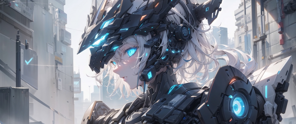 黑色机甲美女，蓝色眼眸闪耀，3440x1440带鱼屏壁纸，高清4K动漫图片下载