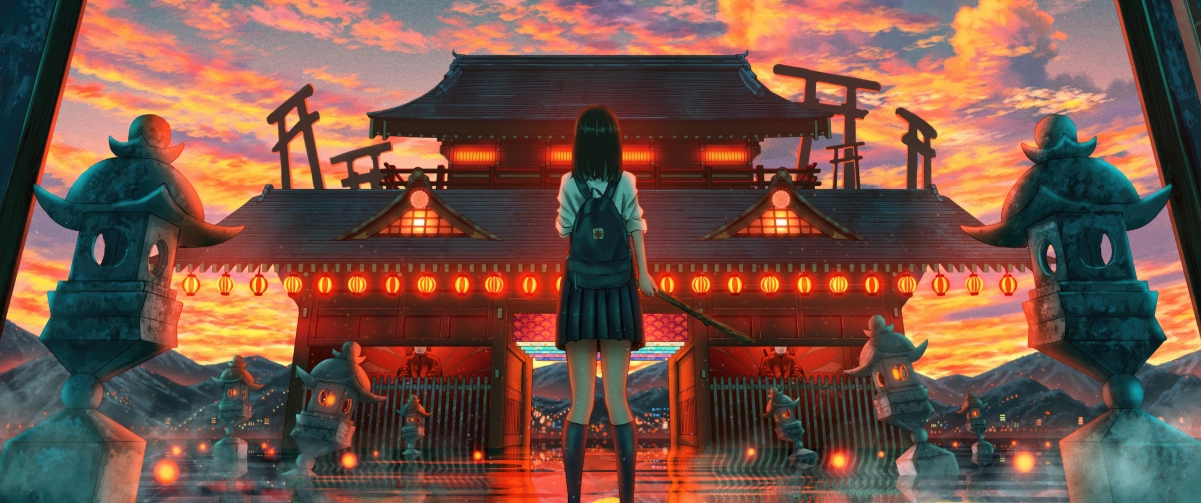 女孩背影城门之下，背包与灯笼相伴，绝美4K动漫壁纸3440x1440高清下载