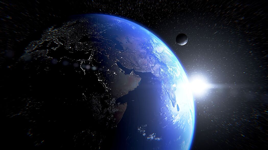 3840x2160高清壁纸，行星、太空、卫星与璀璨星光，超炫镜头光斑背景图，免费下载！