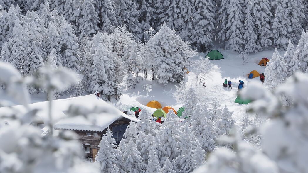 森林雪景露营帐篷高清4K壁纸，3840x2160超清背景图片下载