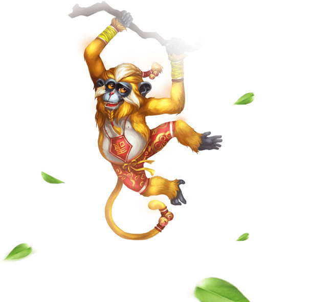 金色手绘卡通猴子攀岩PNG透明图，高清动物设计素材下载