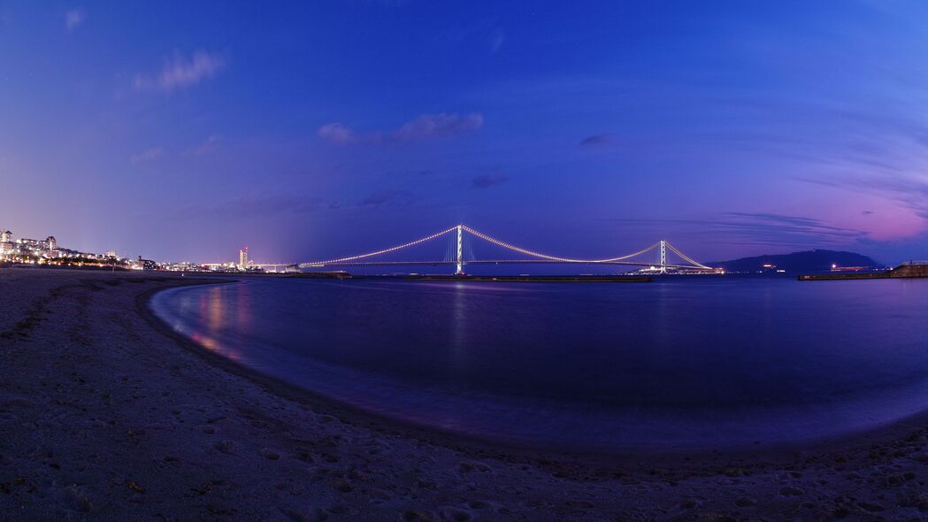 海滩夜景，海湾桥梁，城市风光，4K高清壁纸（3840x2160）免费下载