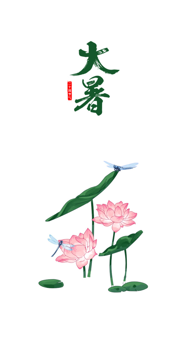 大暑夏日蜻蜓荷叶荷花PNG透明图，手绘卡通元素，PSD设计素材免费下载