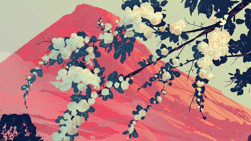 山景艺术，树枝花朵4K壁纸，3840x2160高清背景图片下载