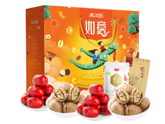 红枣核桃礼盒PNG透明素材，高清漂浮元素，创意设计下载