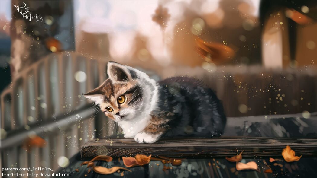 3840x2160高清壁纸，秋天树叶中的小猫，艺术感背景图片免费下载