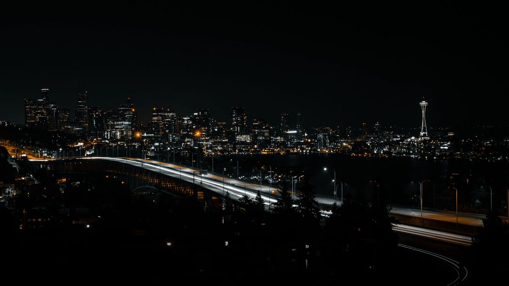 城市夜景，桥梁与建筑辉映，深色4K高清壁纸，3840x2160分辨率下载