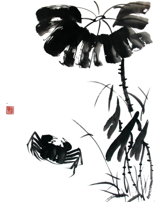 荷叶螃蟹PNG透明图，高清装饰元素，笔触设计素材下载