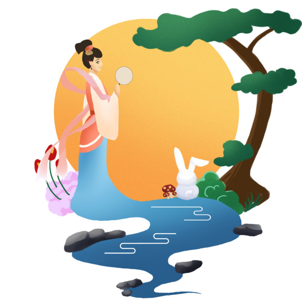 中秋佳节嫦娥图，国风插画PNG透明高清，节日元素丰富，AI设计素材一键下载