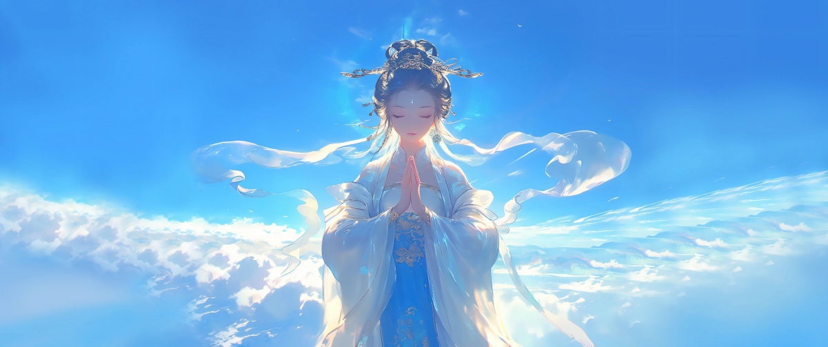 佛系仙女合十祈福，唯美天空动漫壁纸，4K高清带鱼屏专属，3440x1440分辨率畅享下载