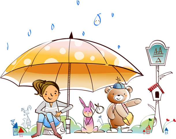童年趣事六一儿童节，棕熊放学遇雨高清PNG素材，透明背景，节日设计元素免费下载