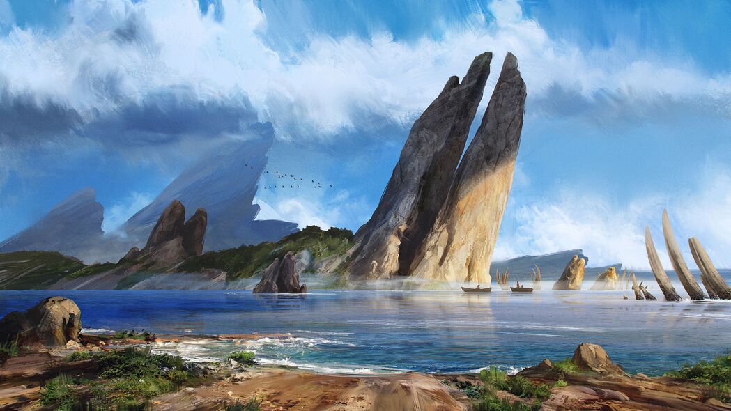 高清4K艺术壁纸，海、岩石、船与海岸绝美背景，3840x2160分辨率，免费下载