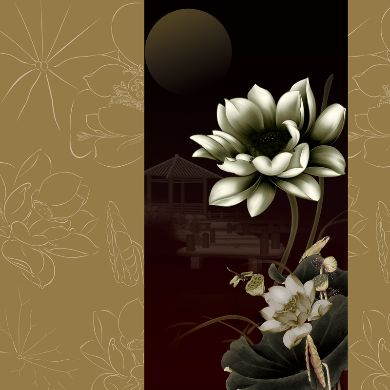 中国风古典工笔画底纹莲花邀请函背景素材，高清JPG与复古PSD设计素材下载
