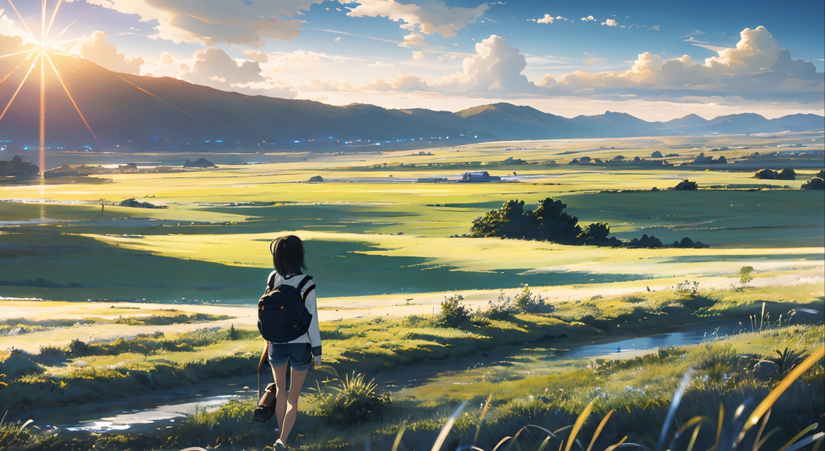 乡村夕阳，女孩背影动漫人物风景，超清4K壁纸下载