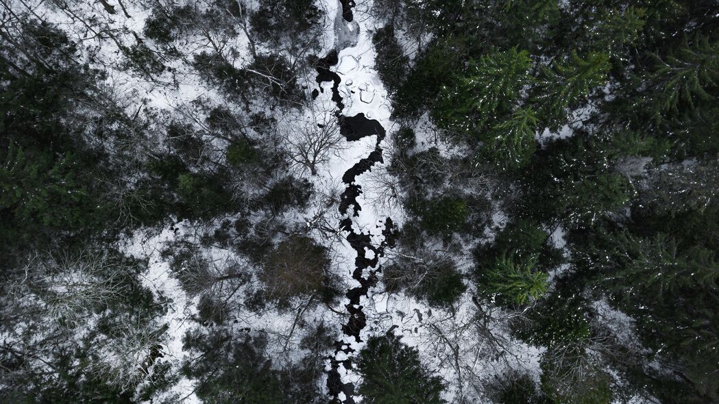 冬季雪域4K高清壁纸，河流森林鸟瞰，3840x2160超清下载