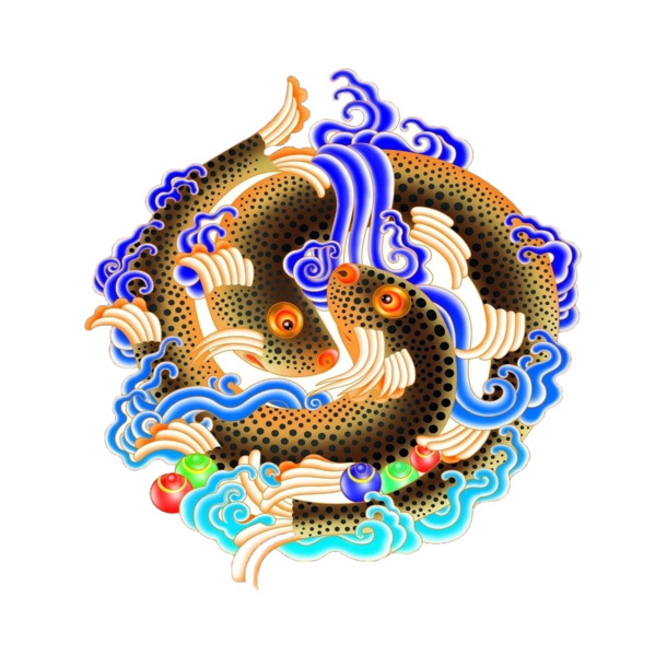 西藏吉祥八宝鱼PNG透明图，高清装饰花纹设计素材下载