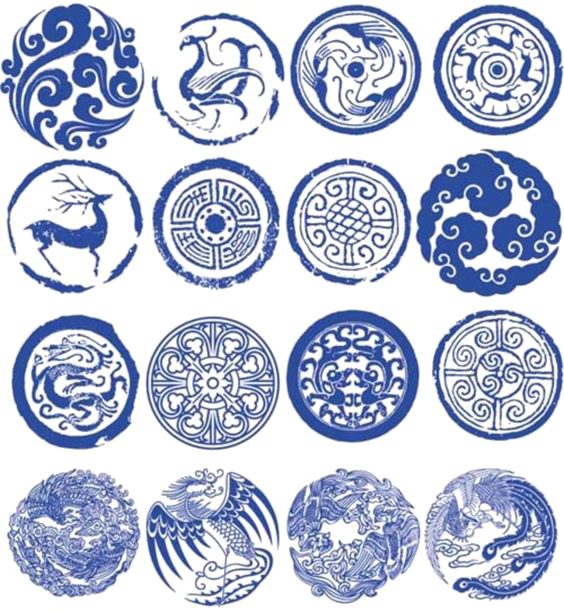 青花印花PNG透明图，高清装饰花纹素材下载