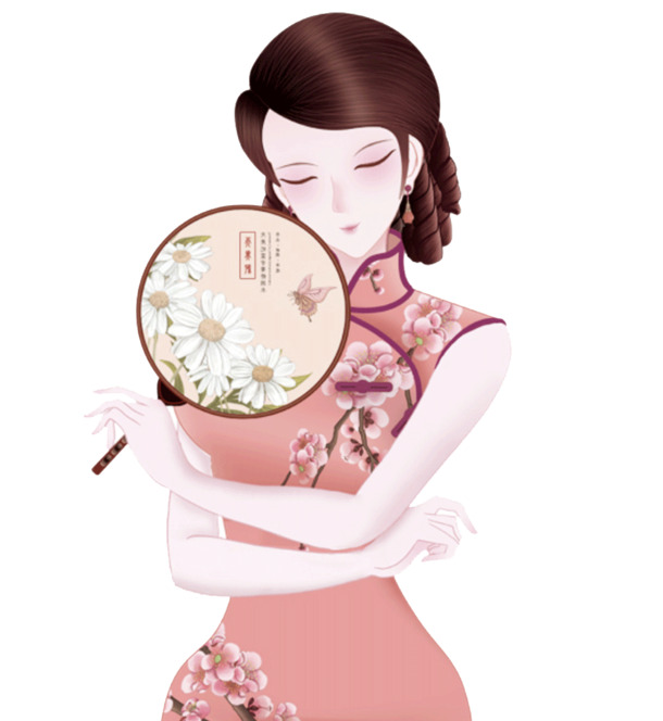 民国手绘旗袍女子PNG透明图，动漫卡通设计素材，高清下载