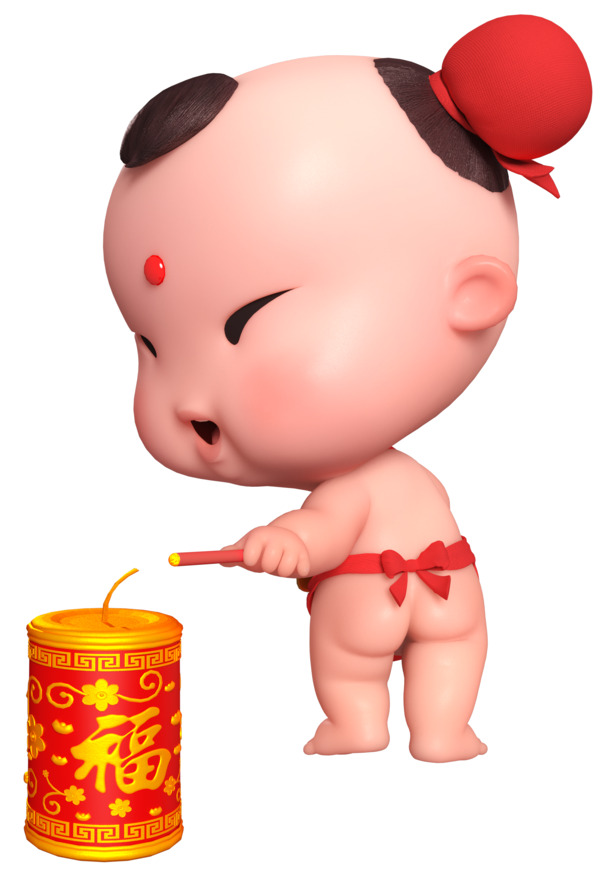 招财童子三维春节鞭炮PNG透明图片，高清节日元素，设计素材下载
