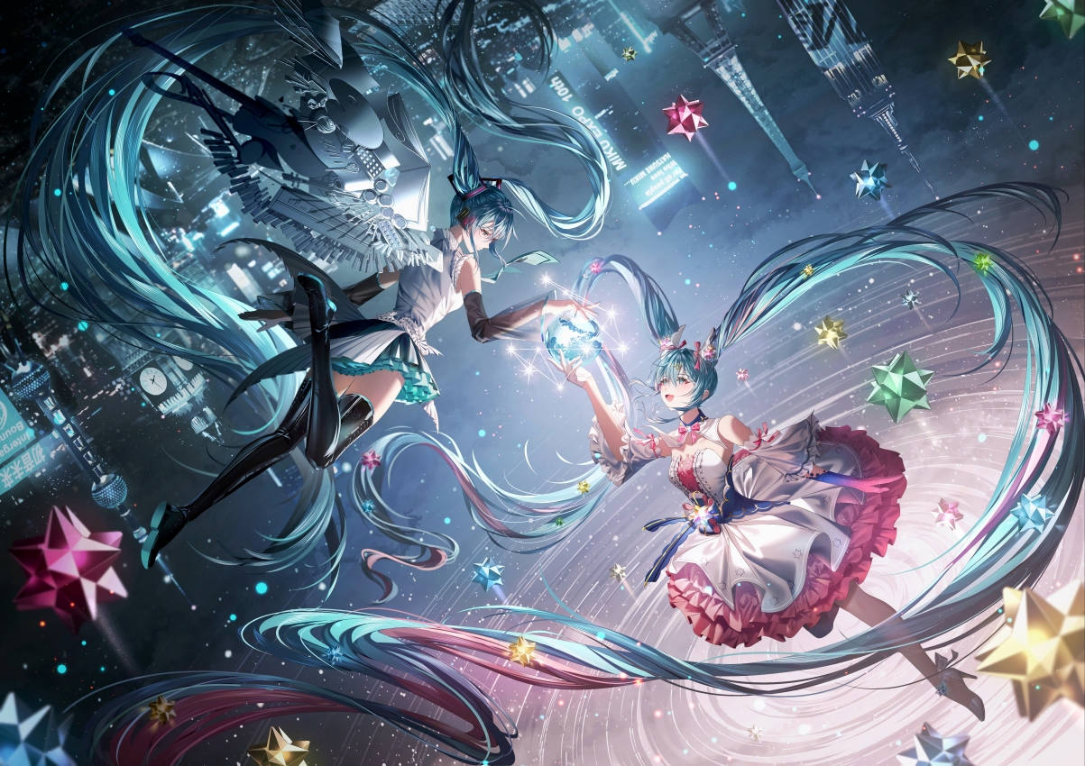 初音未来长发空中舞，唯美7K动漫壁纸，高清4K图片下载，7075x5000分辨率