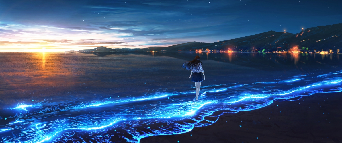 黄昏海边漫步女孩动漫壁纸，3440x1440高清4K图片，一键下载