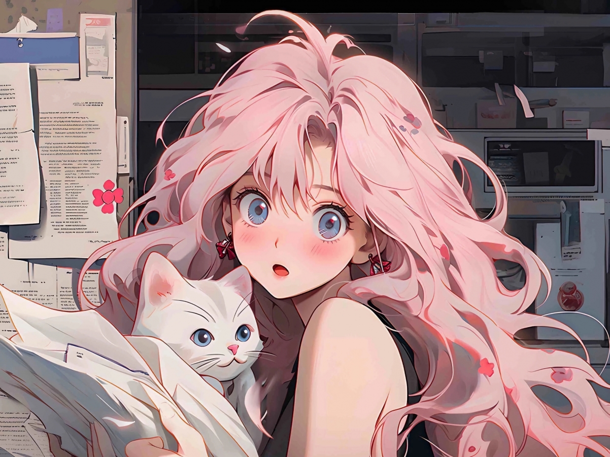粉色大波浪少女报纸墙平板壁纸，高清2732x2048白猫图案，一键下载