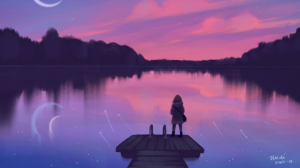 夜晚湖码头孤独剪影，艺术4K壁纸，3840x2160高清背景图片下载