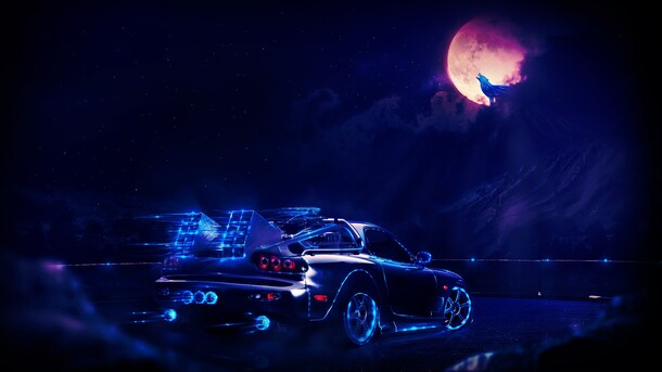 夜晚跑车月亮海报背景，高清PNG透明图片，抽象梦幻设计素材，免费下载