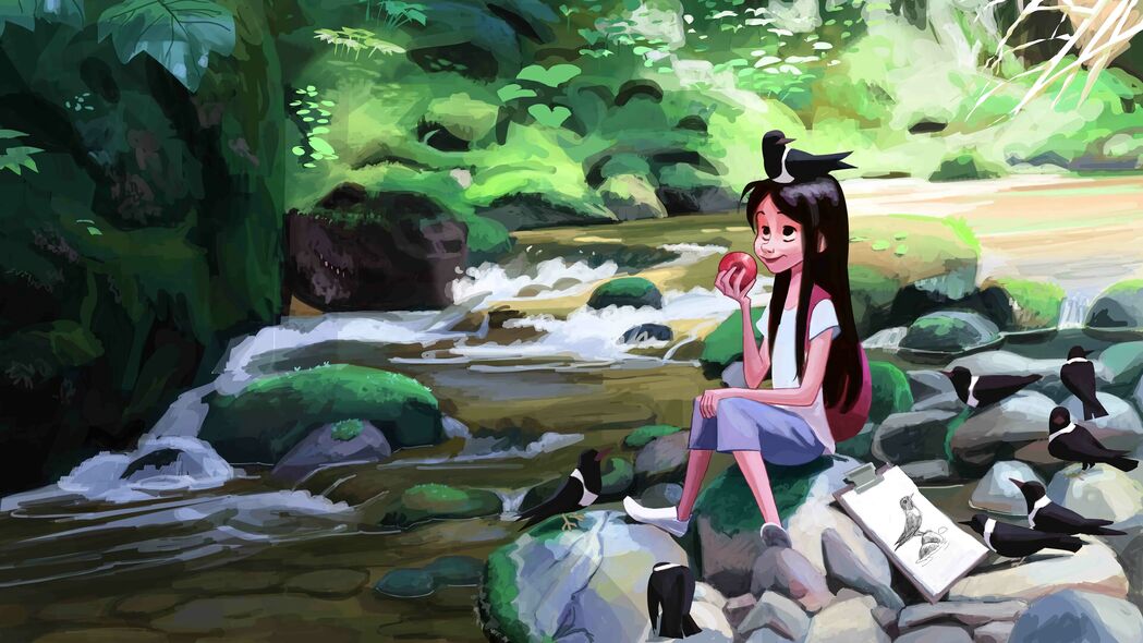 女孩与鸟共舞，苹果河畔的艺术盛宴，超清4K壁纸（3840x2160）免费下载