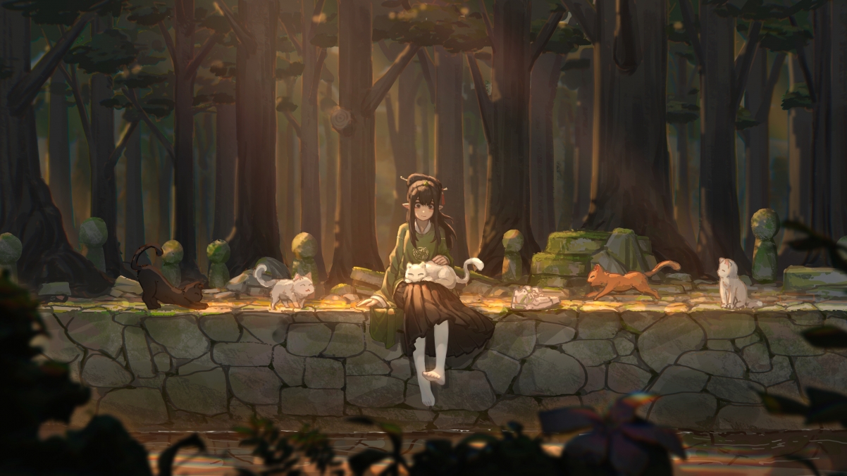 森林树少女猫主题 精选4K动漫壁纸 高清3840x2160大图下载