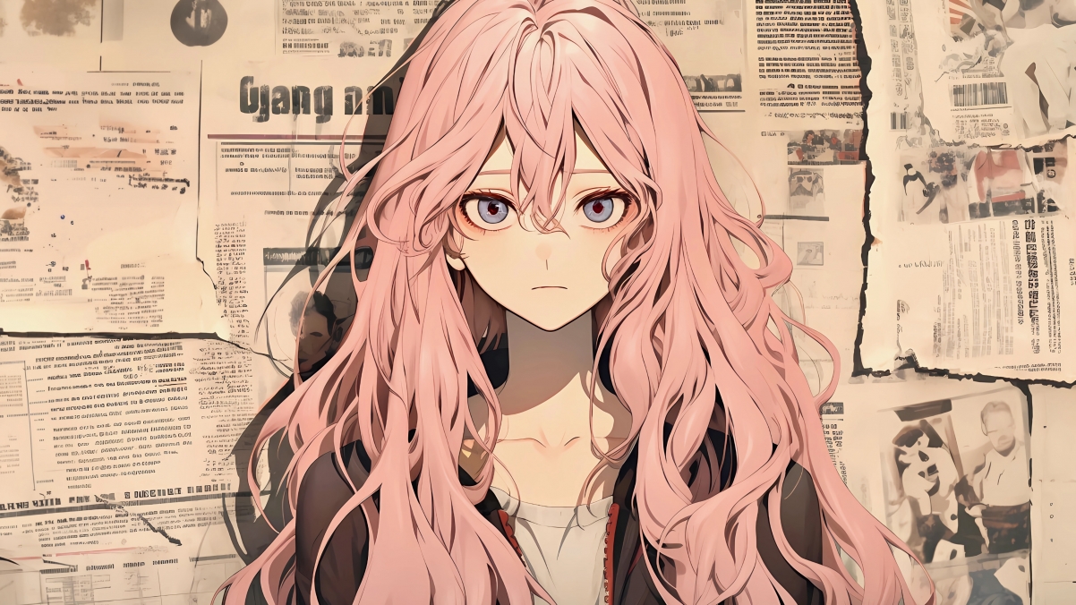 报纸墙粉发少女动漫壁纸，高清4K桌面图片，3840x2160分辨率免费下载