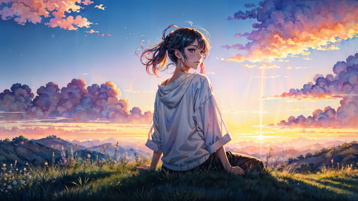 草地女孩动漫风景，4K超清壁纸下载，3840x2160高清体验