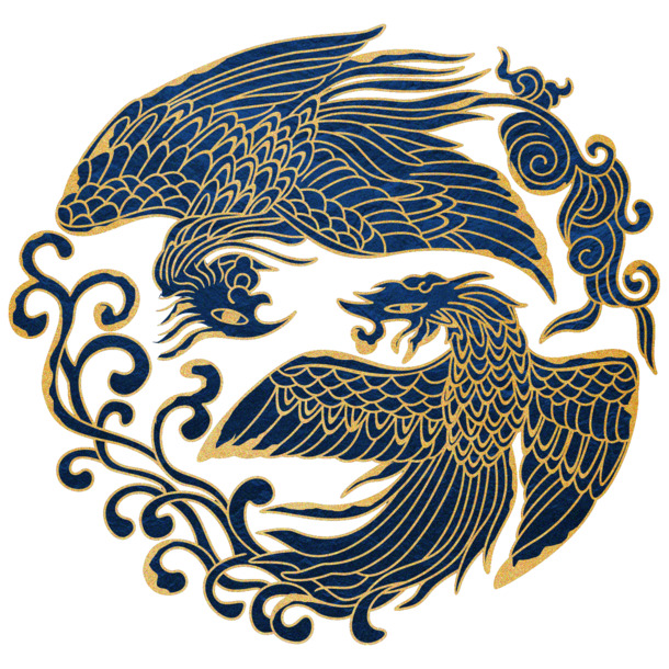 中式金色描边蓝鸟飞翔PNG素材，高清透明中国风装饰元素下载