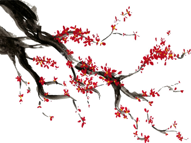 中国画梅花PNG素材，高清透明图片，笔触设计，下载即用