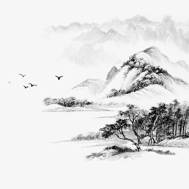 清明节水墨风山水背景PNG，高清透明手绘卡通设计素材下载
