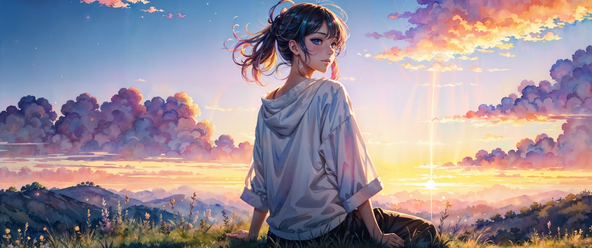 草地上的动漫女孩赏景图，高清4K带鱼屏壁纸，3440x1440下载