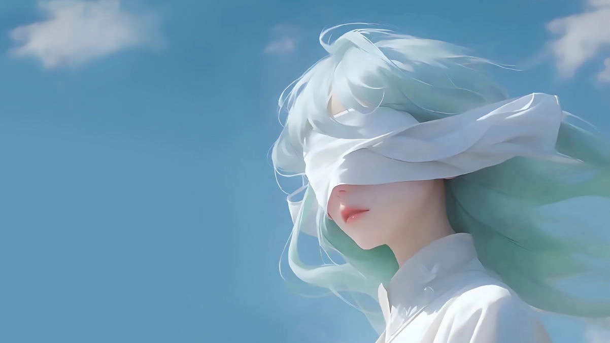 蒙眼白衣少女蓝天背景，精选4K动漫壁纸高清下载（3840x2160）