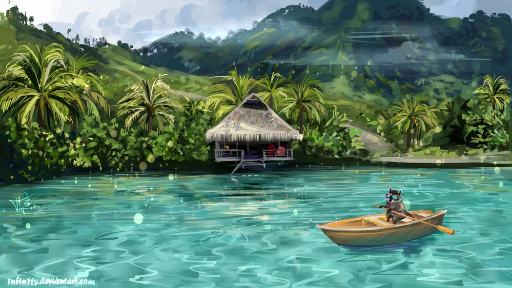 3840x2160超高清浣熊船趣图，艺术壁纸背景，免费下载4K高清版