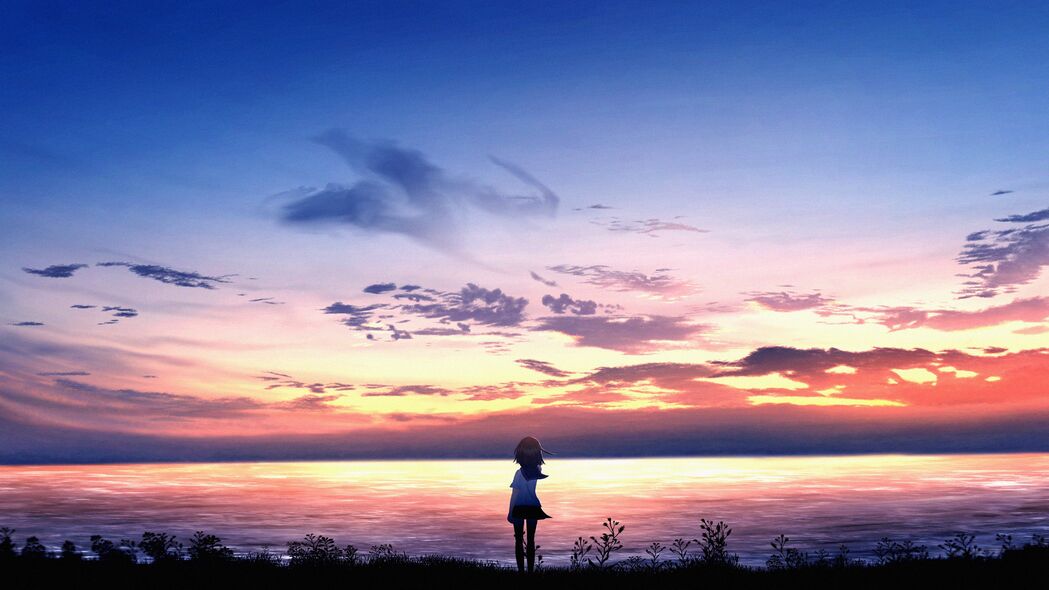 女孩剪影大海黄昏，绝美地平线4K壁纸，3840x2160高清背景图片下载
