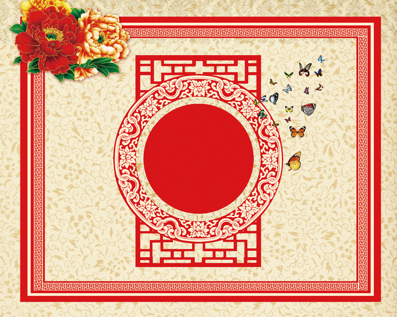 中国风花朵边框蝴蝶背景图，复古高清JPG设计素材下载